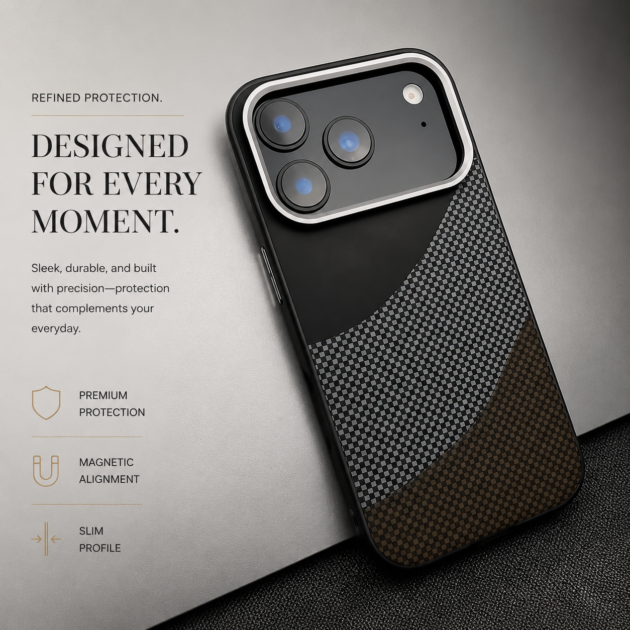 Premium iPhone Case Carbon Fiber Texture MagSafe Armor Cover Alloy Lens Protection Shockproof Non Slip Full Coverage Protective Case