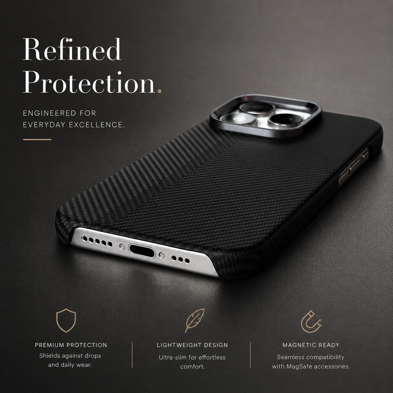Premium iPhone Case Carbon Fiber Texture Magnetic MagSafe Compatible Shock Absorbing Hybrid Protective Cover