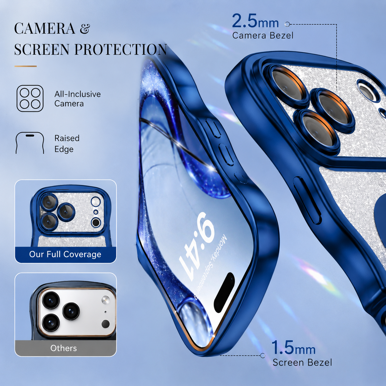 Premium iPhone Case Clear MagSafe Compatible Cover Full Camera Protection Cute Wave Frame DIY Glitter Protective Case