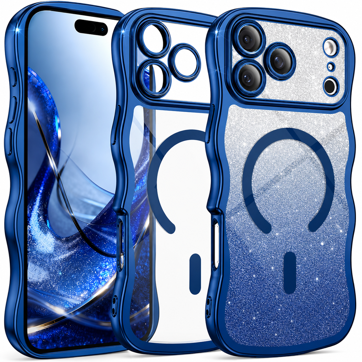 Premium iPhone Case Clear MagSafe Compatible Cover Full Camera Protection Cute Wave Frame DIY Glitter Protective Case