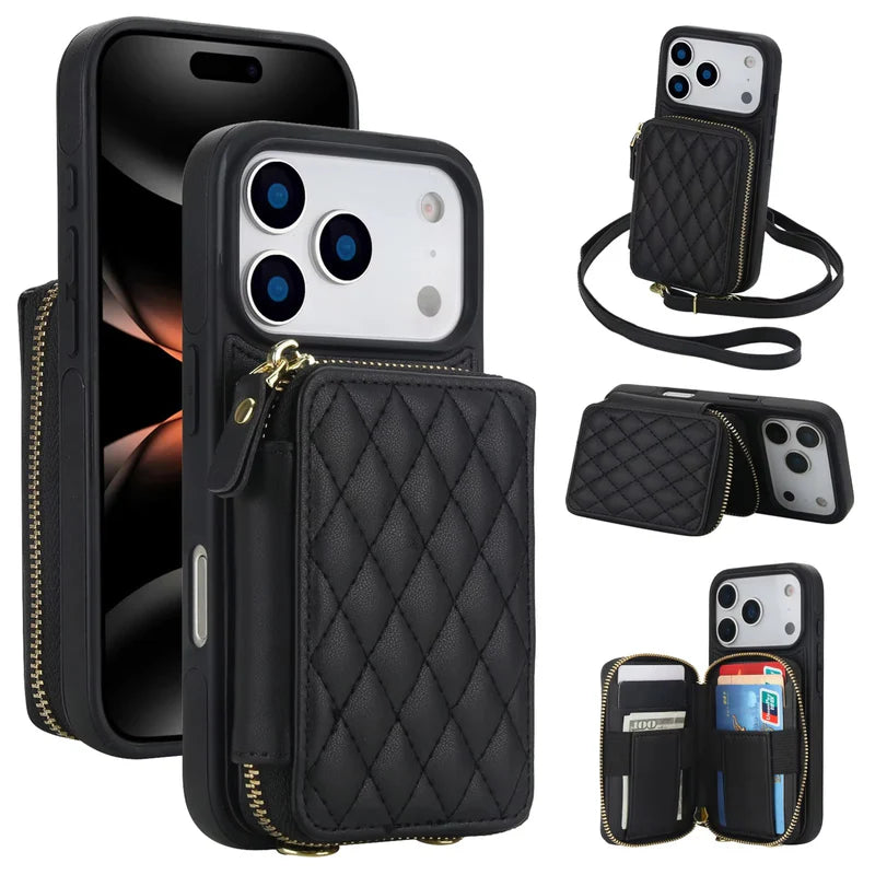 Premium iPhone Case Crossbody RFID Blocking Folio Wallet Cover Zipper Handbag Card Slots Kickstand Full Protection