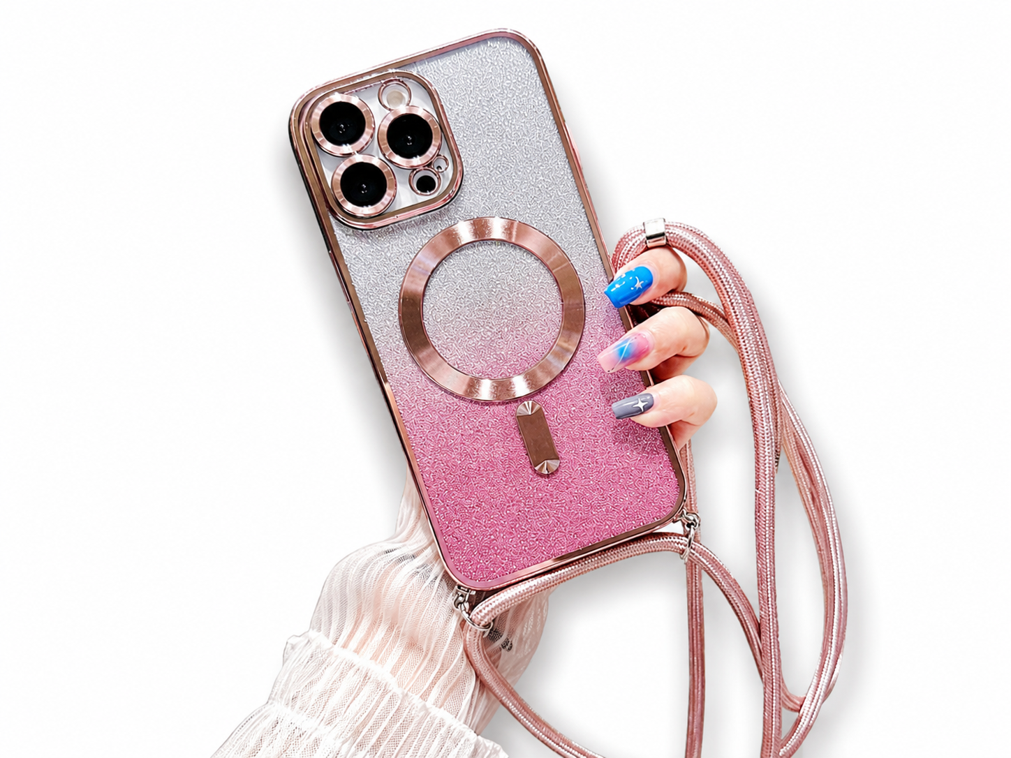 Premium iPhone Case Crossbody Strap MagSafe Compatible Gradient Glitter Cover Camera Protection
