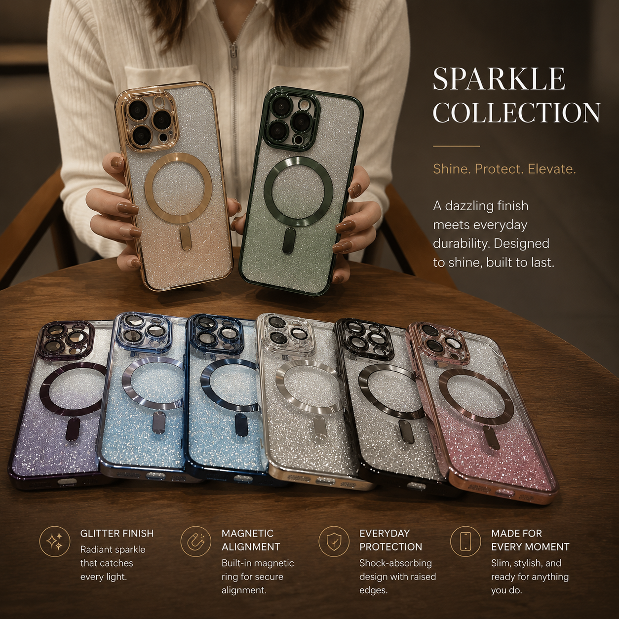 Premium iPhone Case Crossbody Strap MagSafe Compatible Gradient Glitter Cover Camera Protection