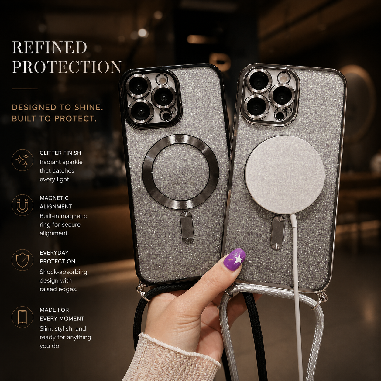 Premium iPhone Case Crossbody Strap MagSafe Compatible Gradient Glitter Cover Camera Protection
