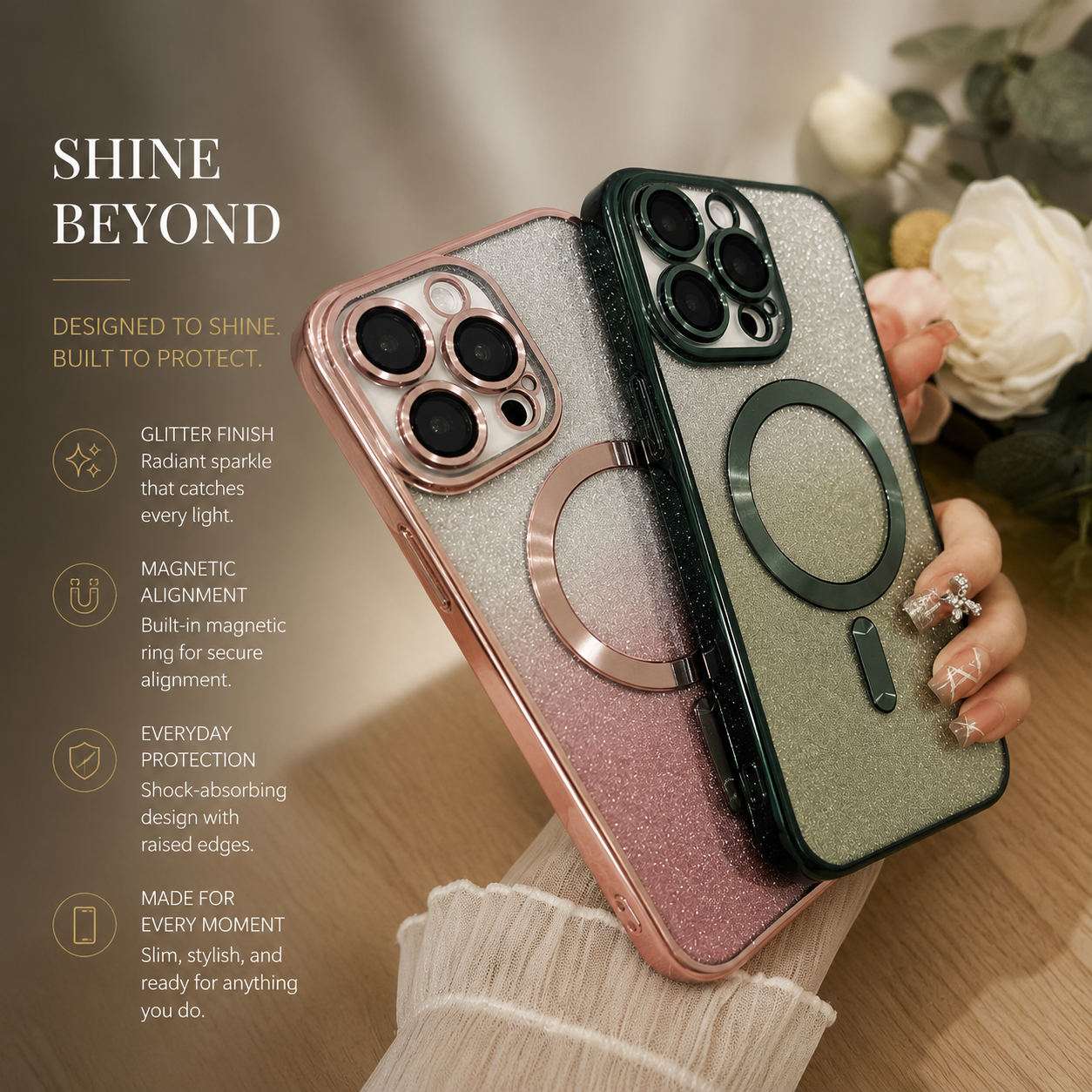 Premium iPhone Case Crossbody Strap MagSafe Compatible Gradient Glitter Cover Camera Protection