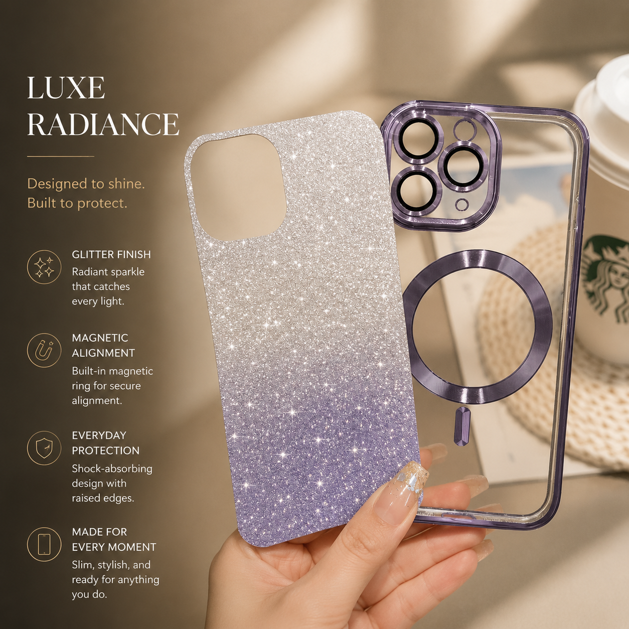 Premium iPhone Case Crossbody Strap MagSafe Compatible Gradient Glitter Cover Camera Protection