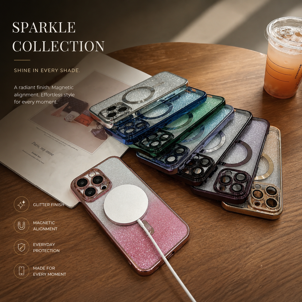 Premium iPhone Case Crossbody Strap MagSafe Compatible Gradient Glitter Cover Camera Protection