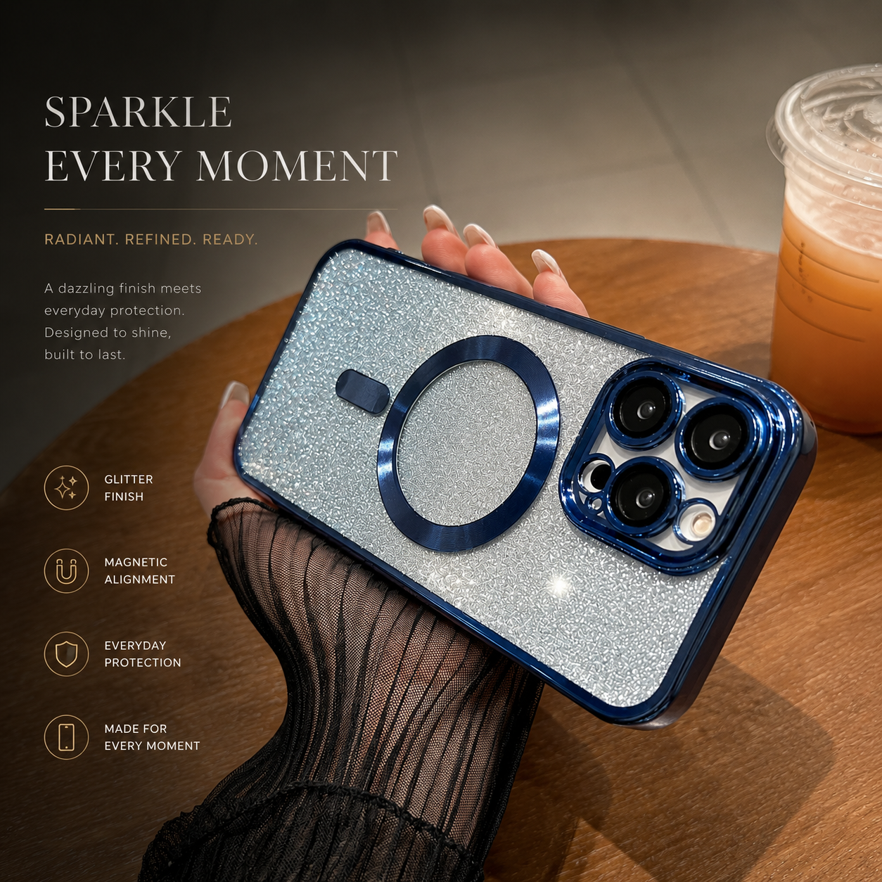 Premium iPhone Case Crossbody Strap MagSafe Compatible Gradient Glitter Cover Camera Protection