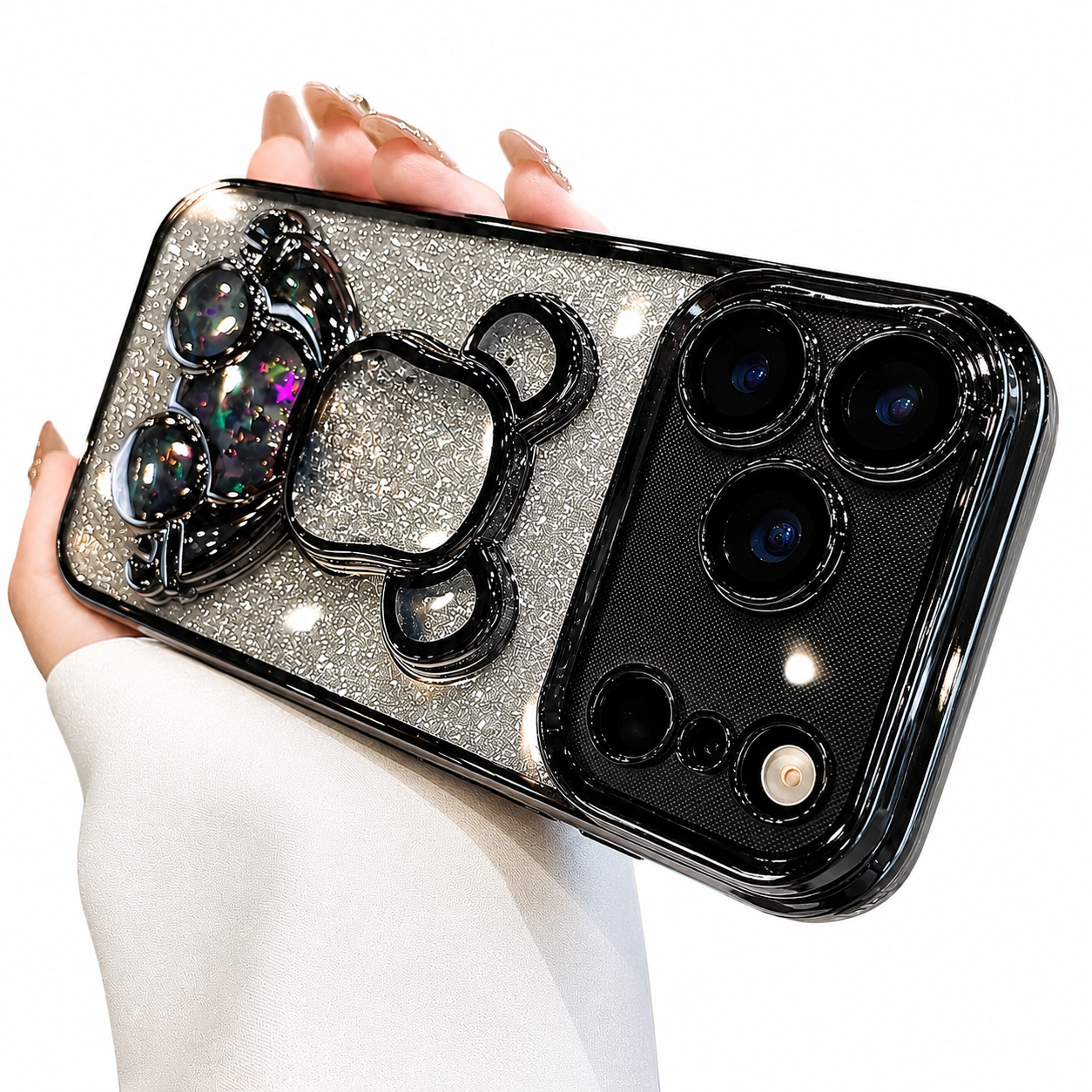 Premium iPhone Case Cute Glitter Quicksand Bear Cover Shockproof Acrylic Cartoon Protective Case With Camera Protection