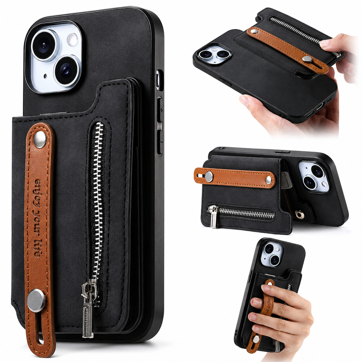 Premium iPhone Case Detachable Zipper Wallet Flip Cover PU Leather Card Holder Shockproof Full Protection