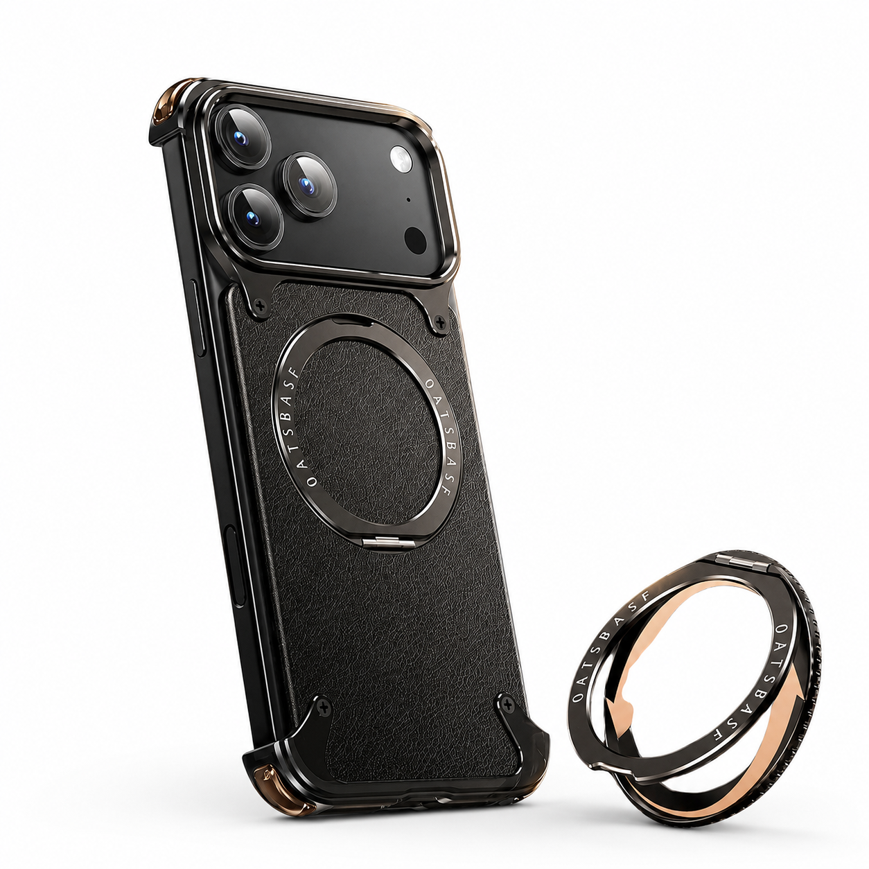 Premium iPhone Case Genuine Leather Magnetic Cover MagSafe Compatible Rotating Ring Stand Shockproof Frameless Protection