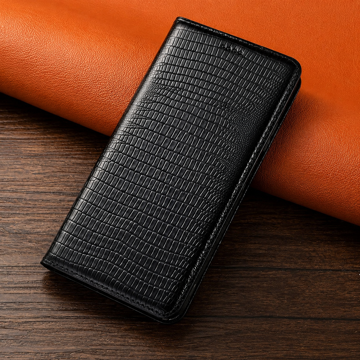 Premium iPhone Case Genuine Lizard Leather Flip Wallet Cover Magnetic Closure Kickstand Shockproof Full Body Protection