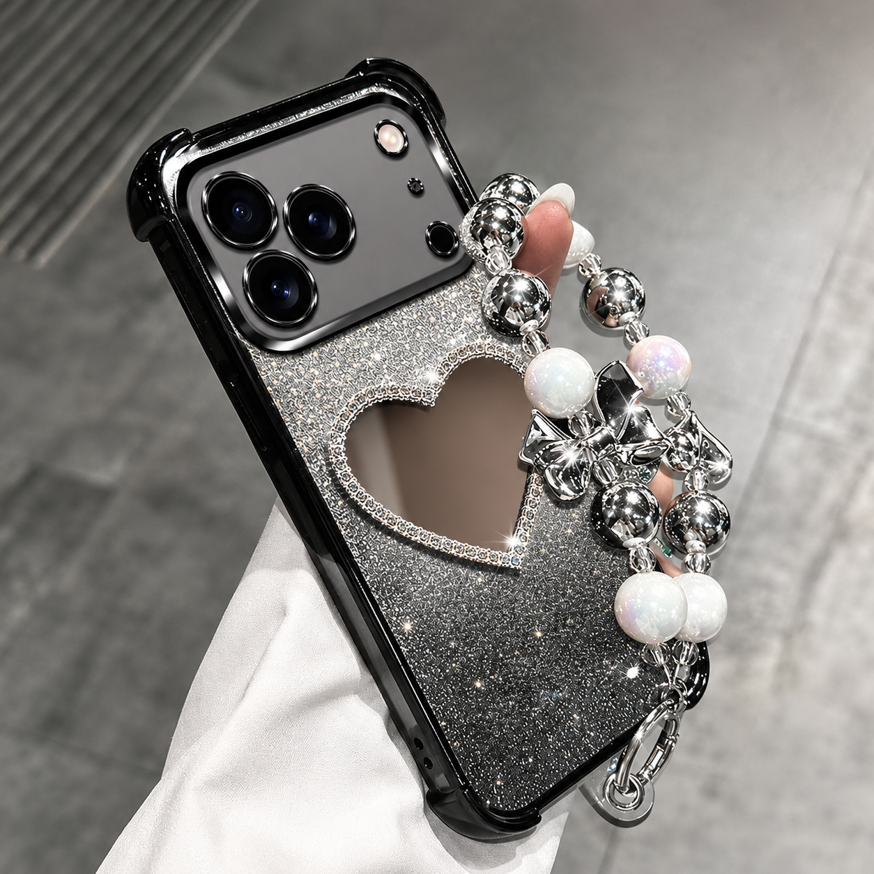 Premium iPhone Case Glitter Plating Love Mirror Bracelet Cover MagSafe Stand Holder Shockproof Silicone Protective Case