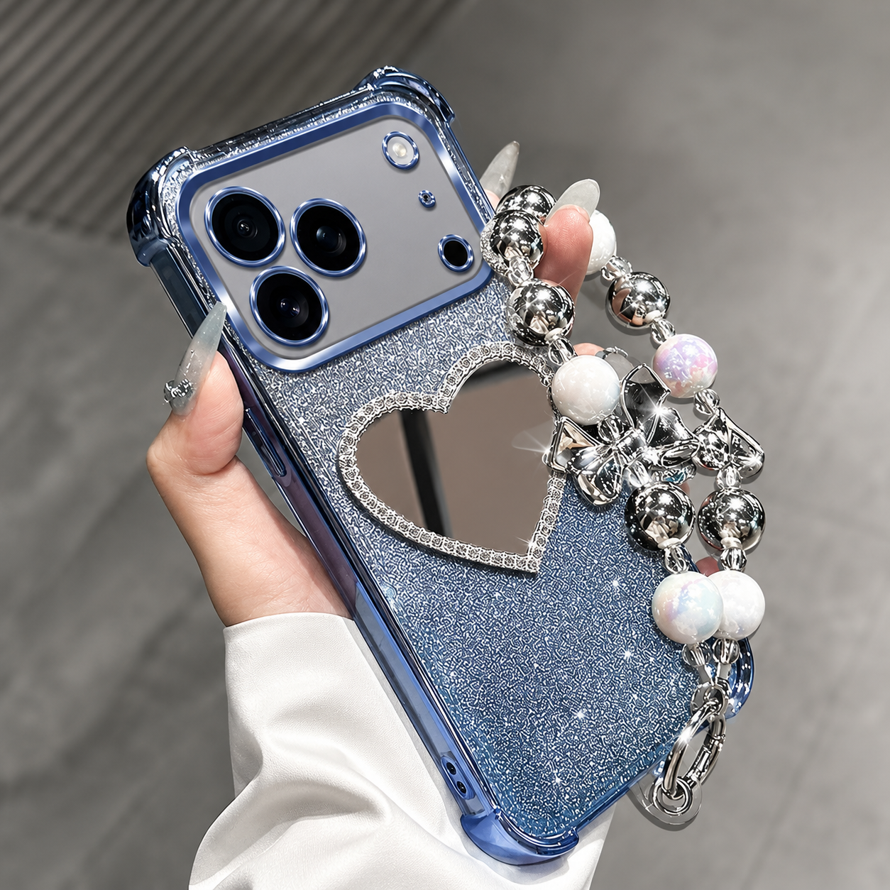Premium iPhone Case Glitter Plating Love Mirror Bracelet Cover MagSafe Stand Holder Shockproof Silicone Protective Case