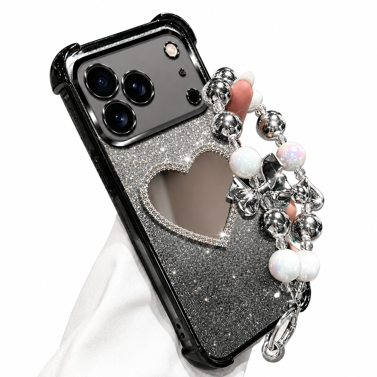 Premium iPhone Case Glitter Plating Love Mirror Bracelet Cover MagSafe Stand Holder Shockproof Silicone Protective Case