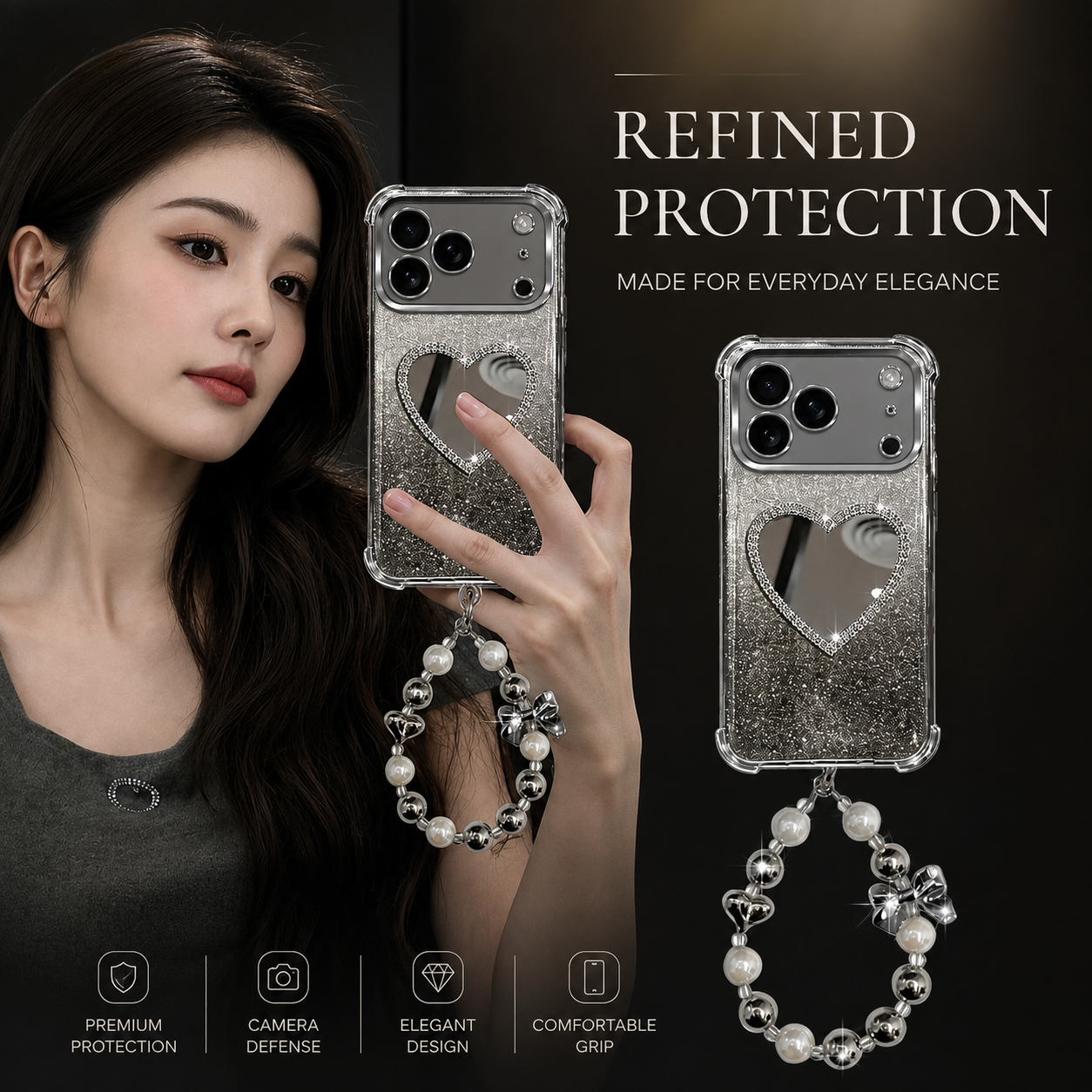 Premium iPhone Case Glitter Plating Love Mirror Bracelet Cover MagSafe Stand Holder Shockproof Silicone Protective Case