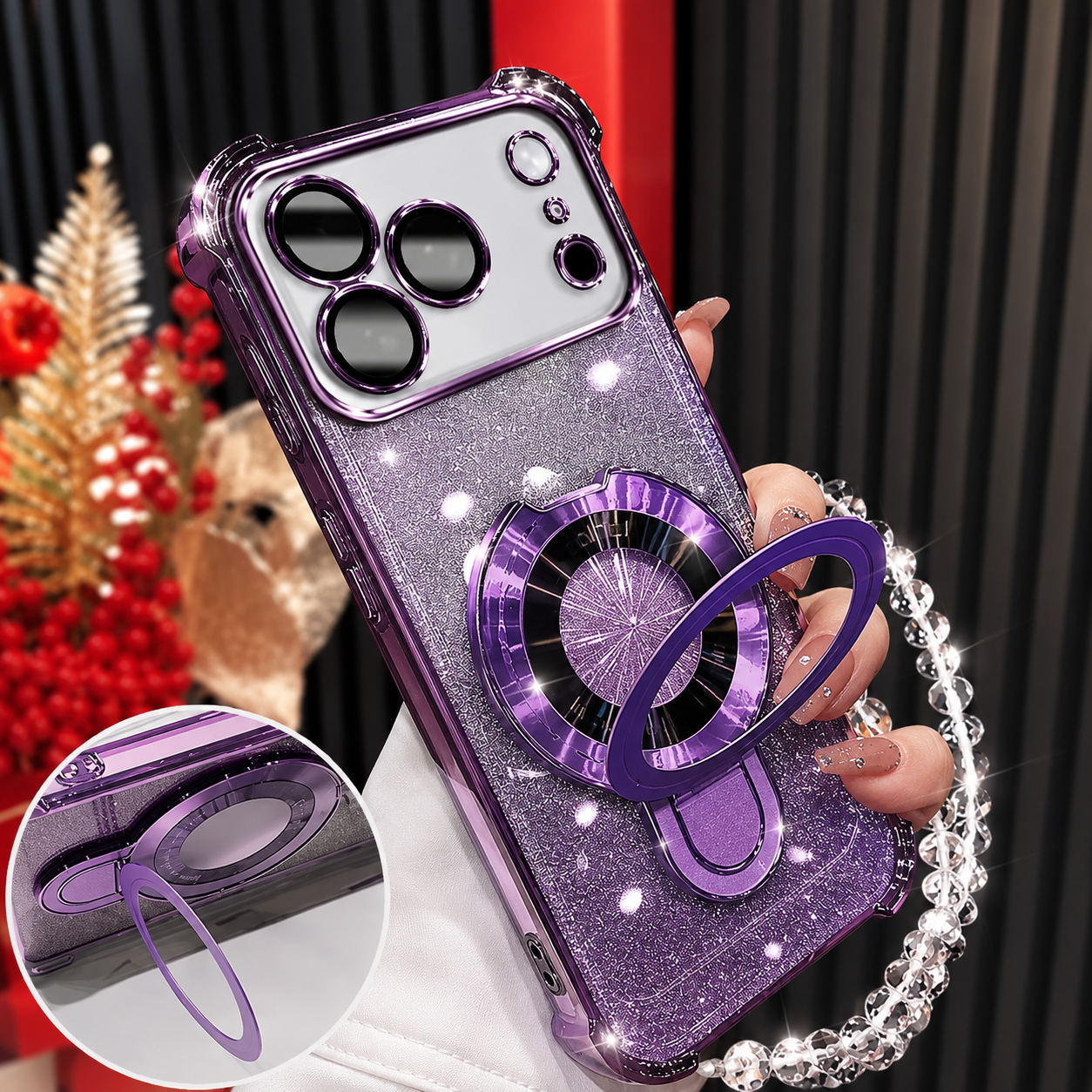 Premium iPhone Case Glitter Plating Magnetic Bracelet Cover MagSafe Compatible Shockproof Kickstand Anti Fingerprint Clear Protective Case