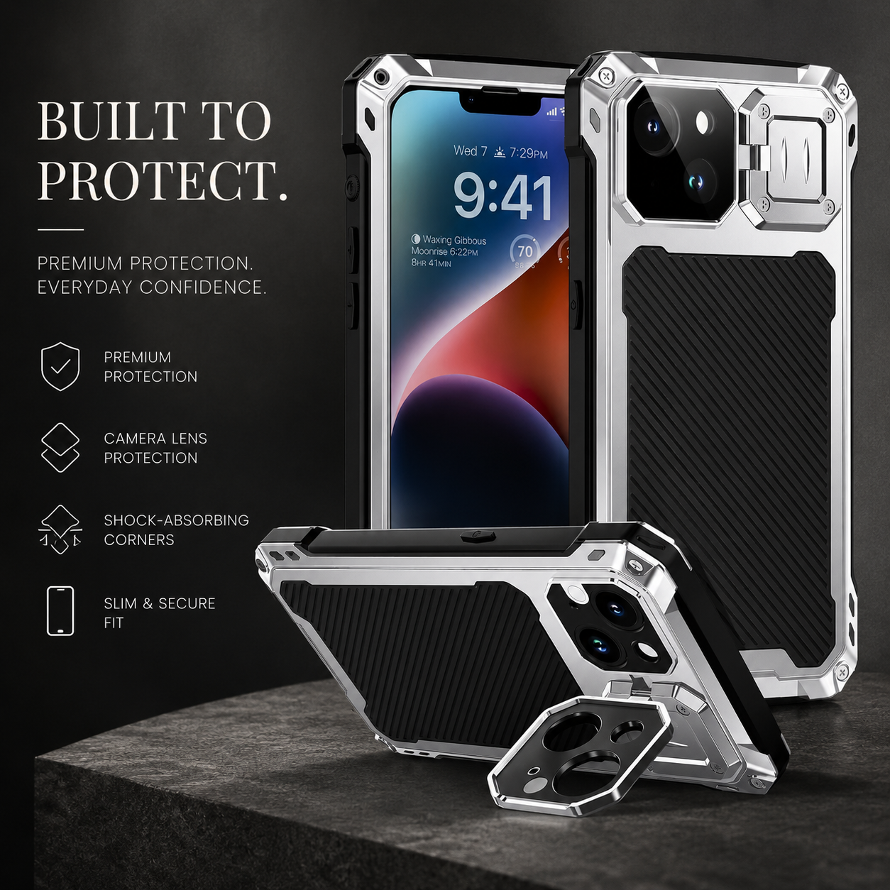 Premium iPhone Case Heavy Duty Metal MagSafe Cover Military Grade Shockproof Aluminum Bumper Camera Guard Kickstand Protective Case