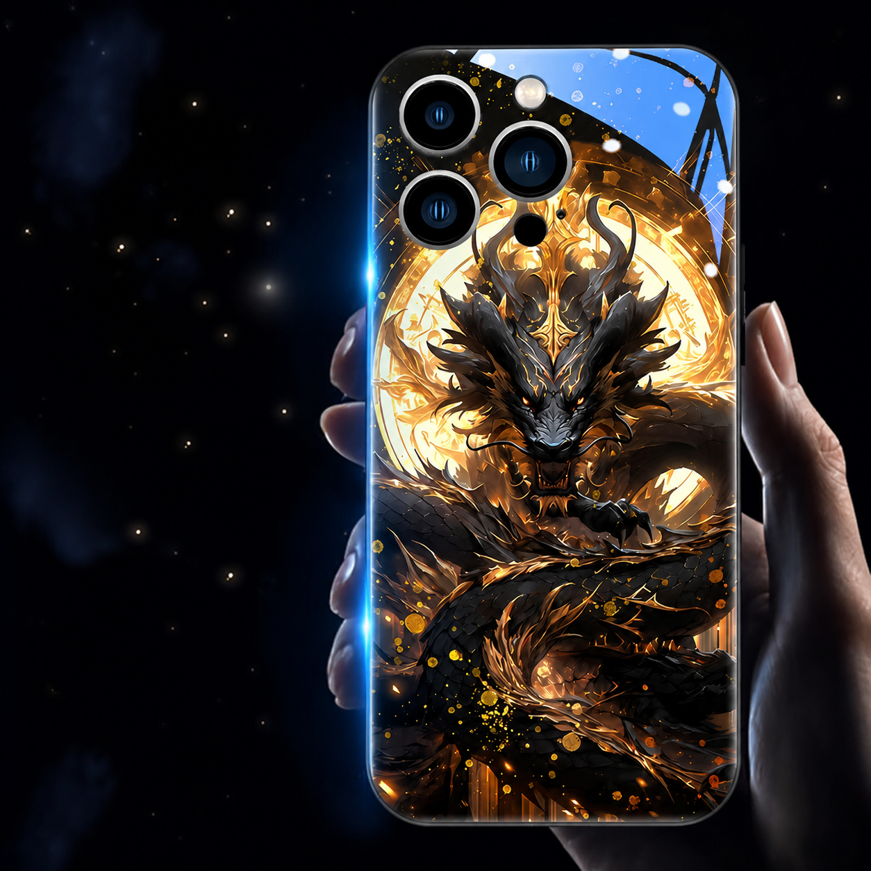 Premium iPhone Case LED Luminous Golden Dragon Cover Sound Reactive Tempered Glass Shockproof Protection