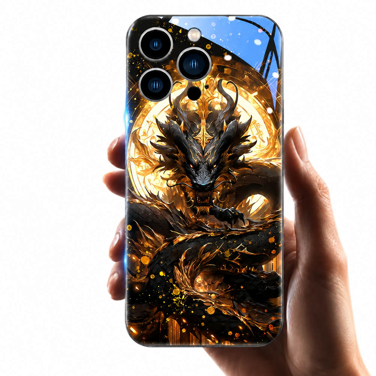 Premium iPhone Case LED Luminous Golden Dragon Cover Sound Reactive Tempered Glass Shockproof Protection