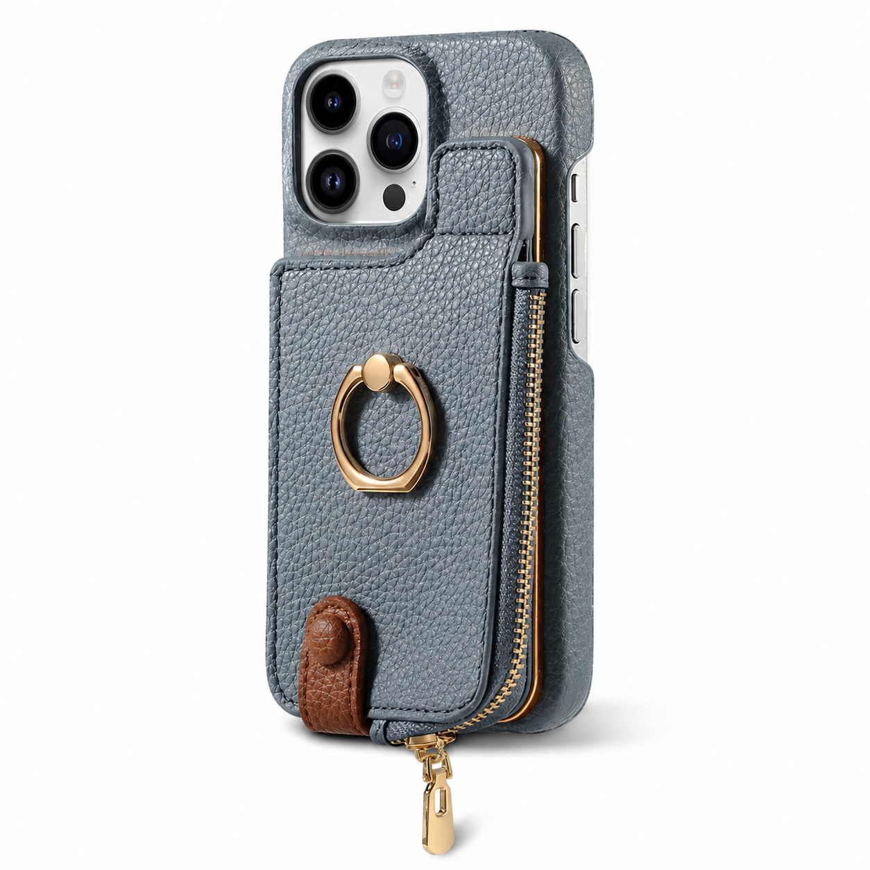 Premium iPhone Case Leather Zipper Wallet Cover Card Holder Ring Kickstand Magnetic Closure Shockproof Full Coverage