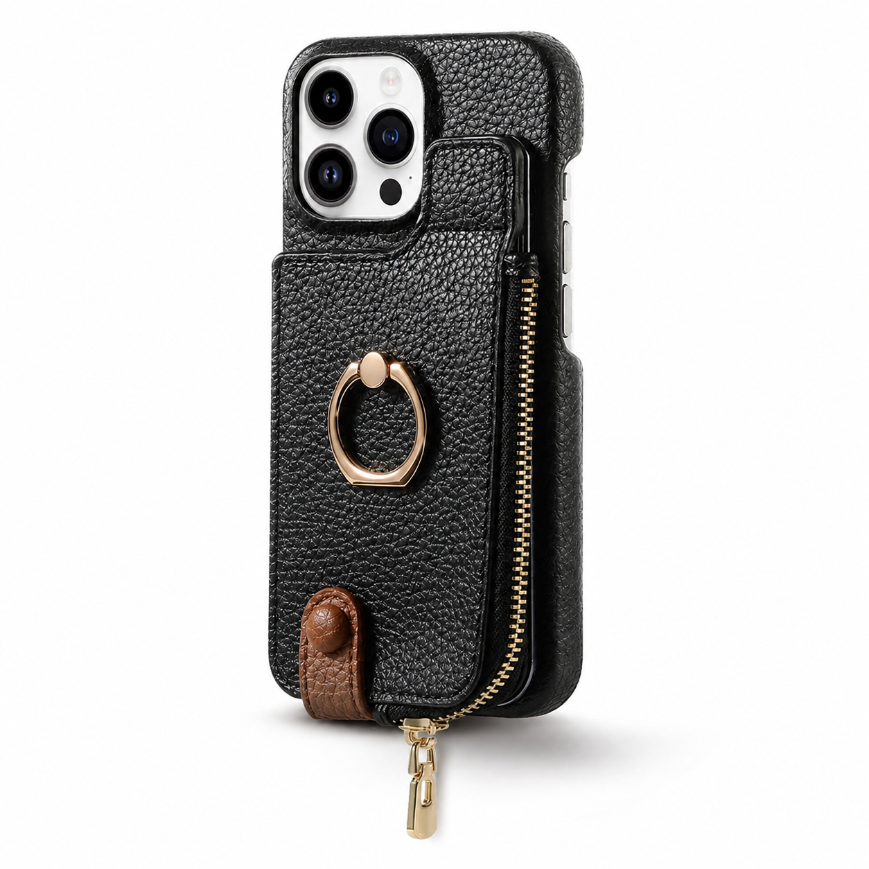 Premium iPhone Case Leather Zipper Wallet Cover Card Holder Ring Kickstand Magnetic Closure Shockproof Full Coverage
