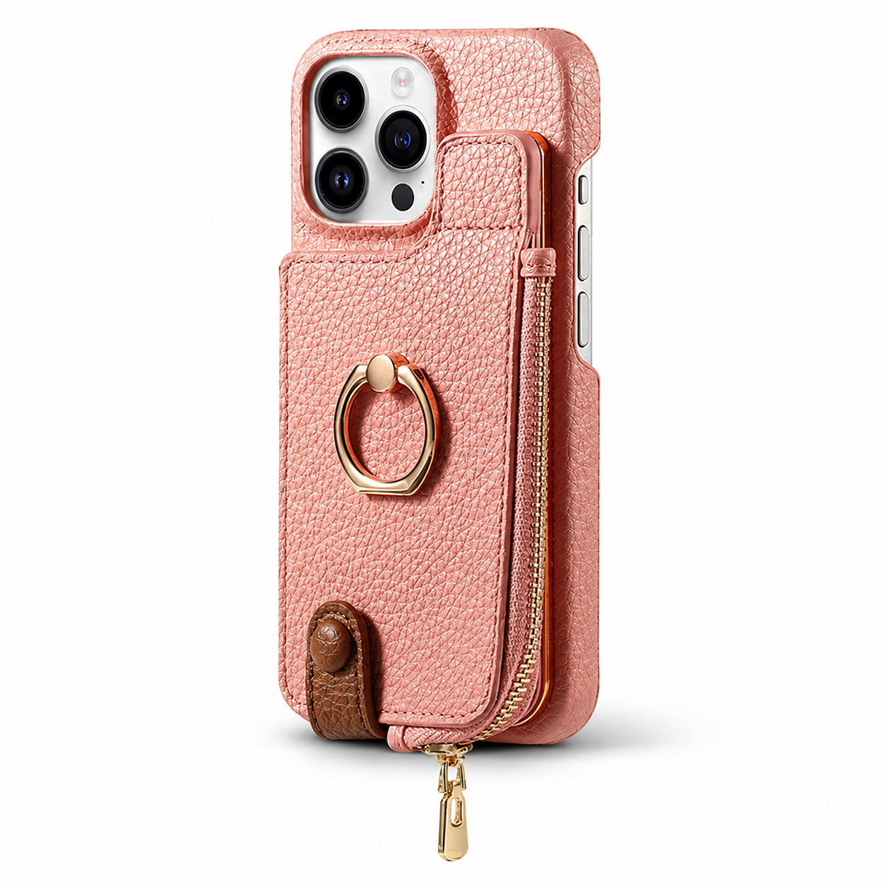 Premium iPhone Case Leather Zipper Wallet Cover Card Holder Ring Kickstand Magnetic Closure Shockproof Full Coverage