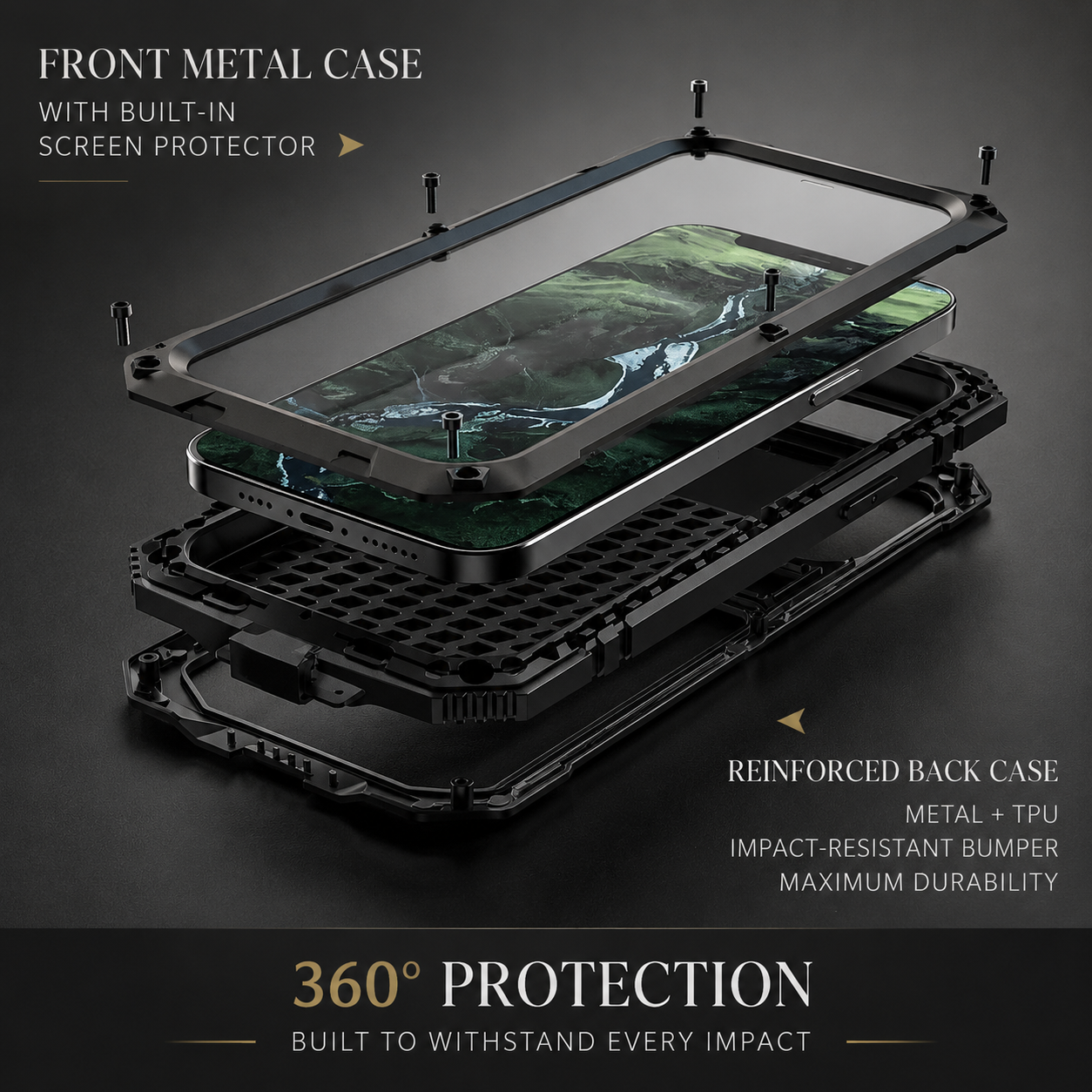 Premium iPhone Case MagSafe Compatible Aluminum Armor Cover IP54 Shockproof Full Body Protection