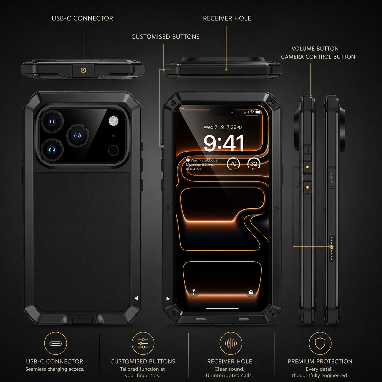 Premium iPhone Case MagSafe Compatible Aluminum Armor Frame Cover Heavy Duty Shockproof Built-in Glass Screen Protection
