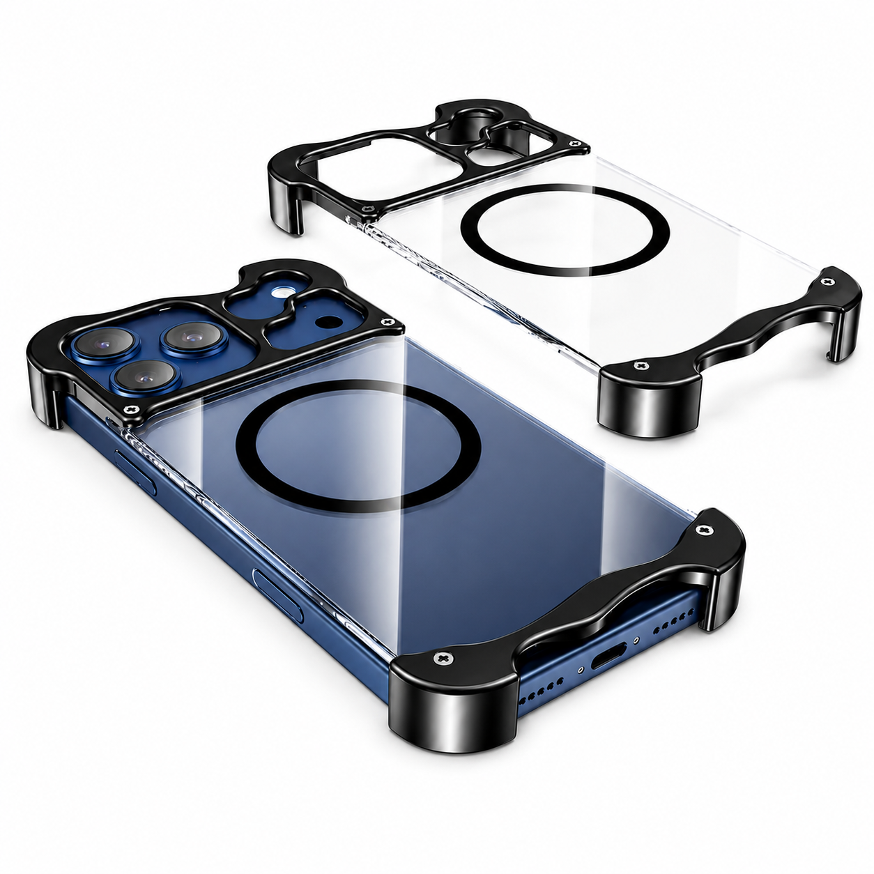 Premium iPhone Case MagSafe Compatible Aluminum Corner Bumper Cover Transparent Back Shockproof Frameless Protection
