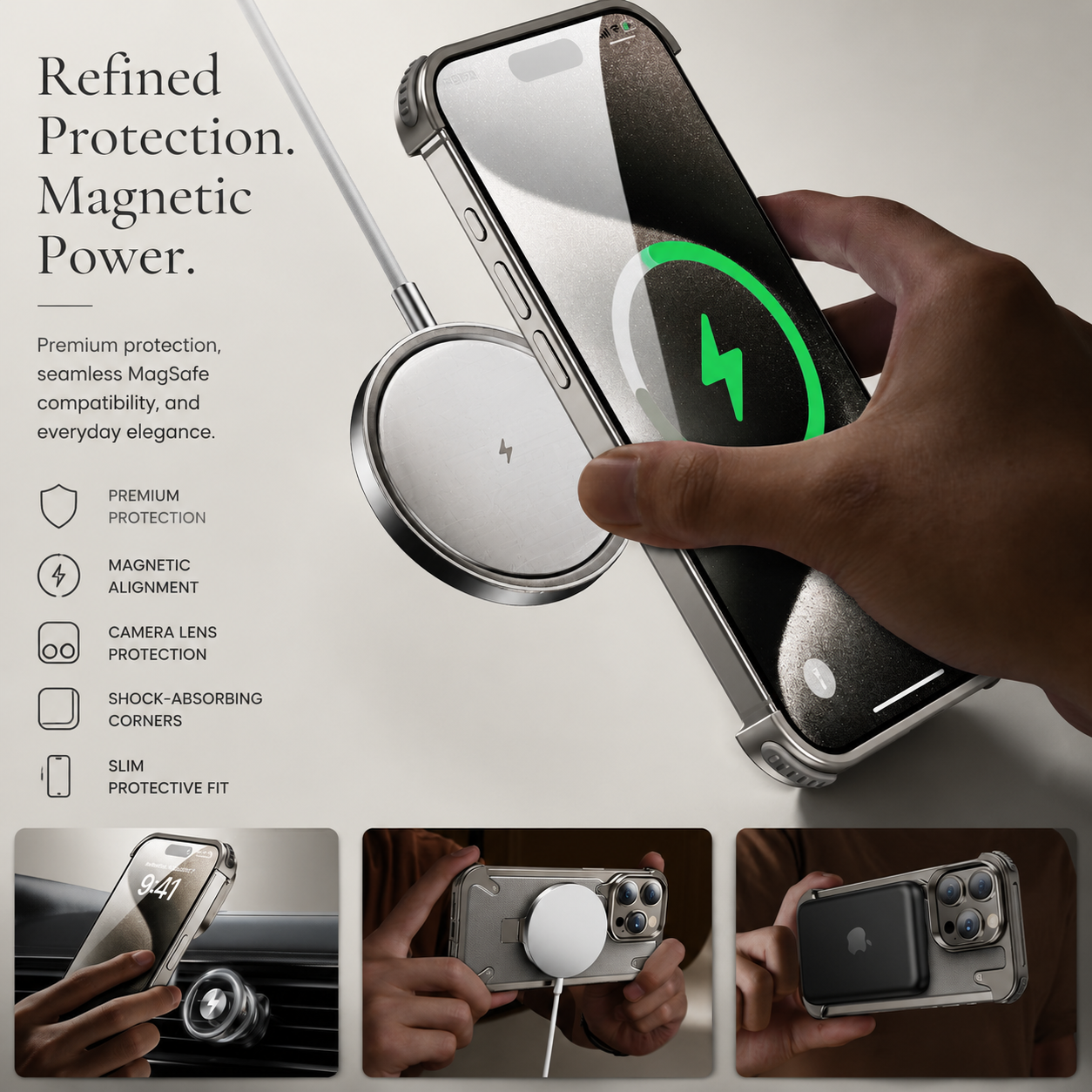 Premium iPhone Case MagSafe Compatible Aluminum Frame Cover Built-In Stand Ultra Thin Protection
