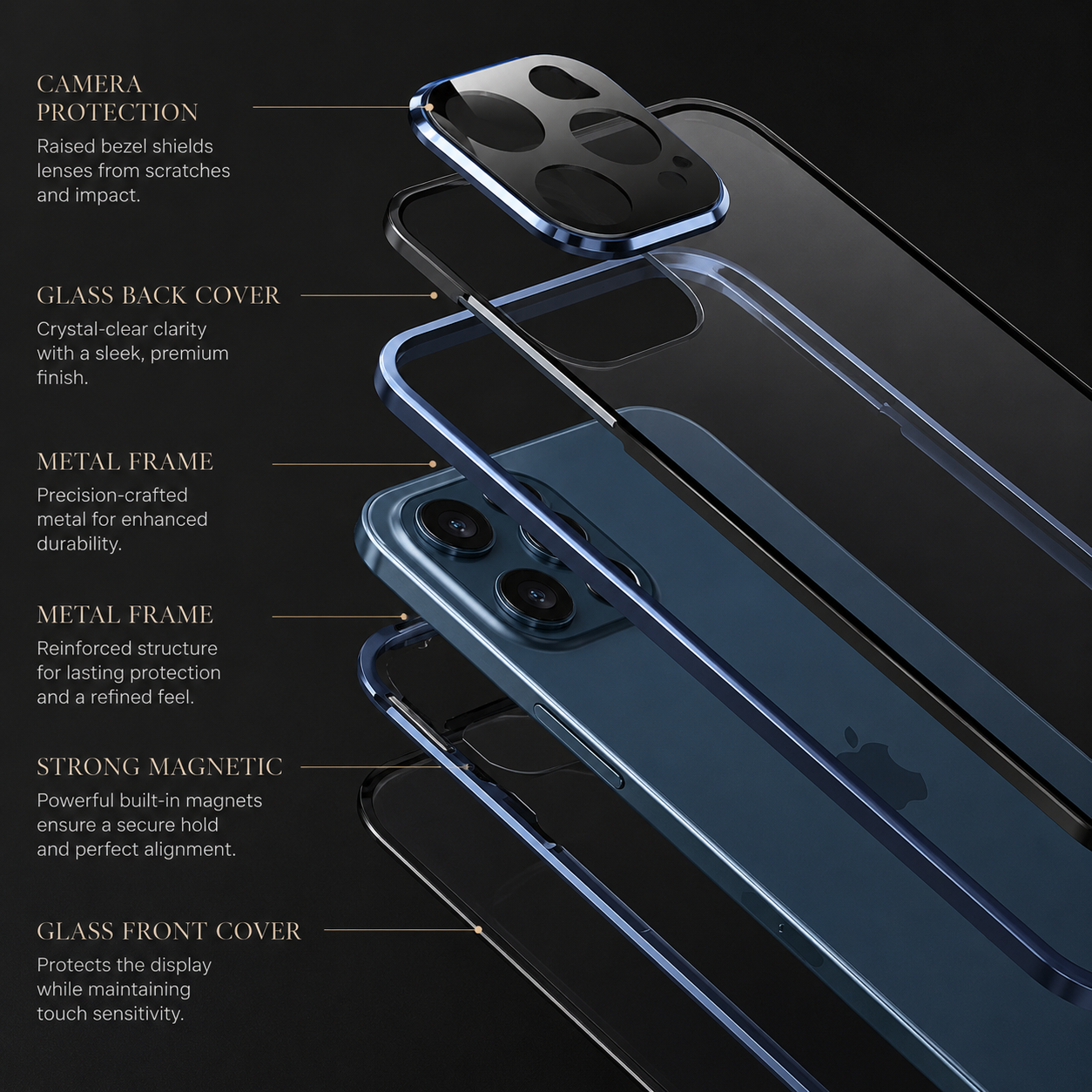 Premium iPhone Case MagSafe Compatible Aluminum Frame Tempered Glass Cover Full Protection