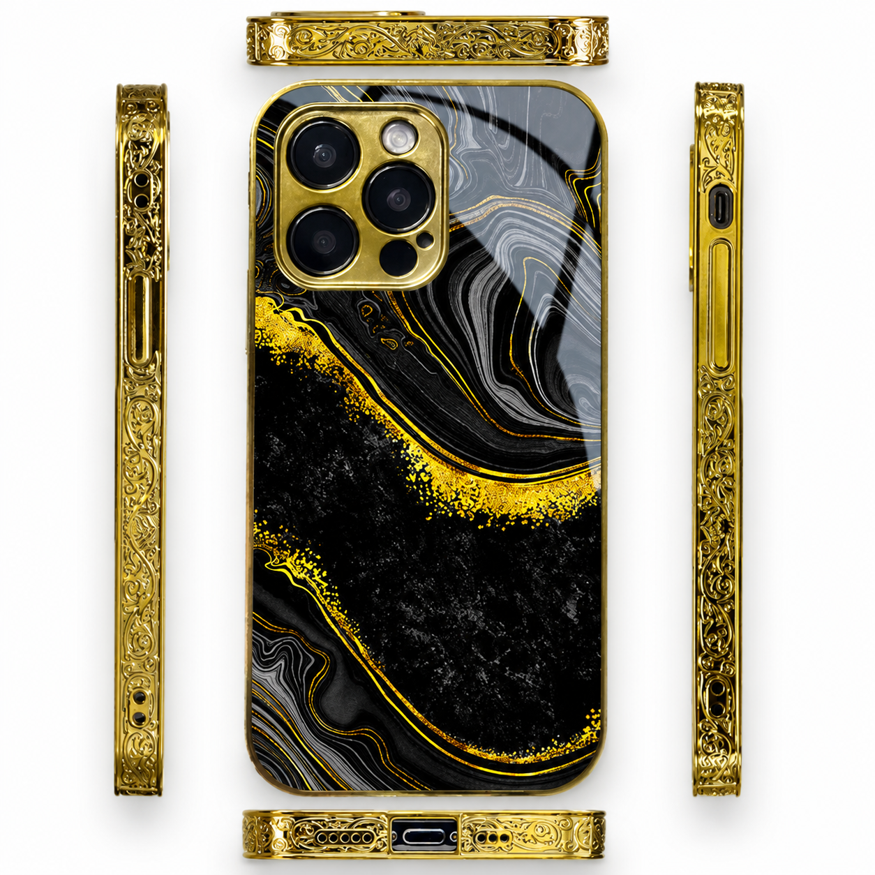 Premium iPhone Case MagSafe Compatible Black Marble Texture Cover Gold Edge Shockproof Protection