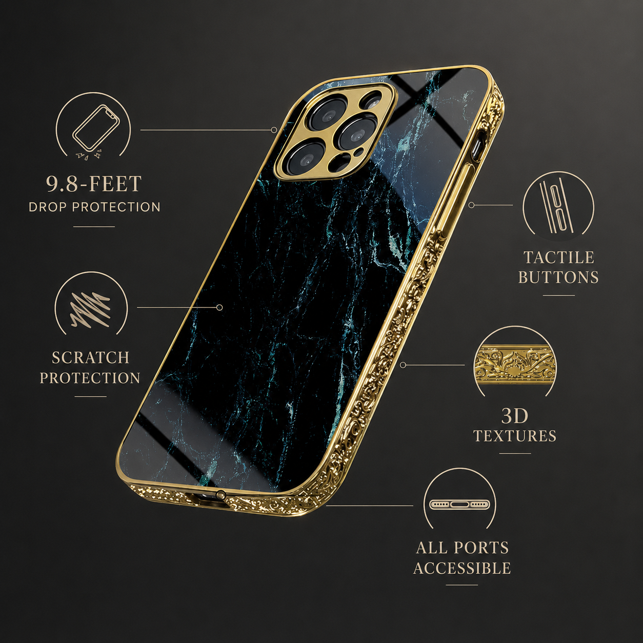 Premium iPhone Case MagSafe Compatible Black Marble Texture Cover Gold Edge Shockproof Protection