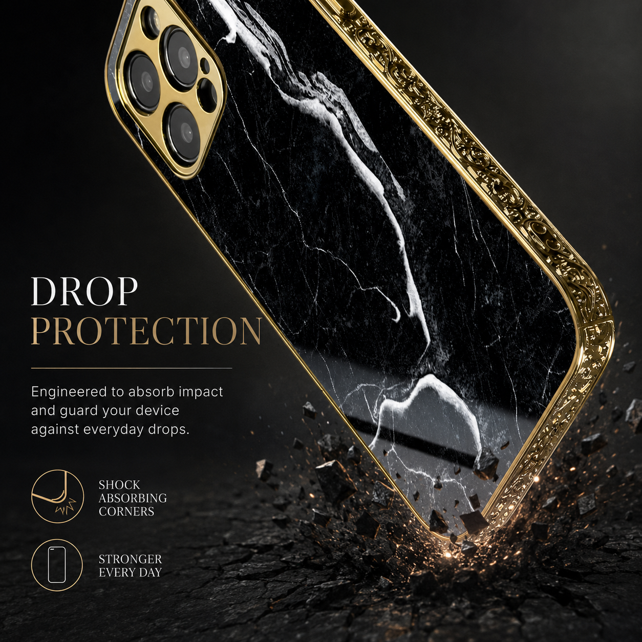 Premium iPhone Case MagSafe Compatible Black Marble Texture Cover Gold Edge Shockproof Protection