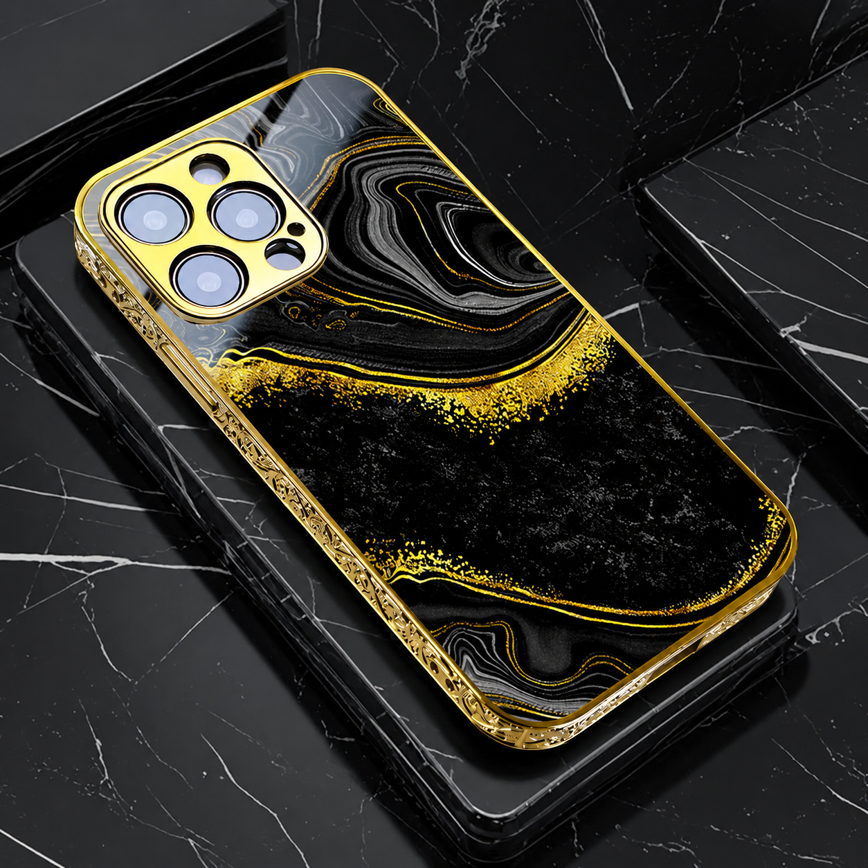 Premium iPhone Case MagSafe Compatible Black Marble Texture Cover Gold Edge Shockproof Protection