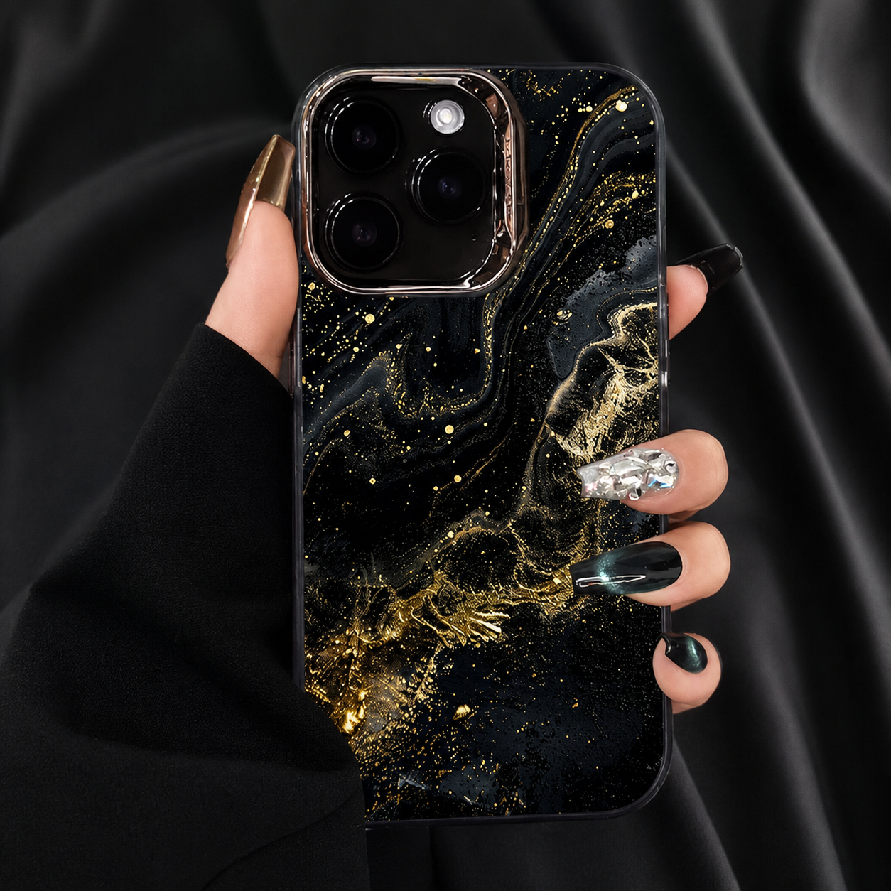 Premium iPhone Case MagSafe Compatible Black Marble Texture Cover Gold Edge Shockproof Protection