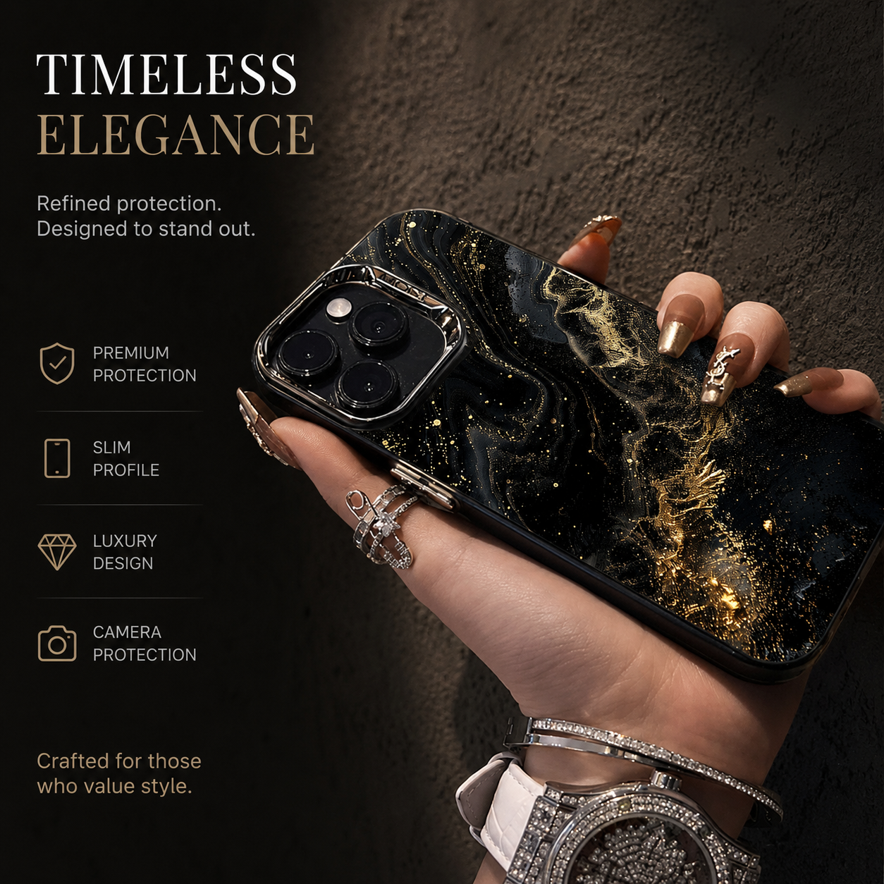 Premium iPhone Case MagSafe Compatible Black Marble Texture Cover Gold Edge Shockproof Protection