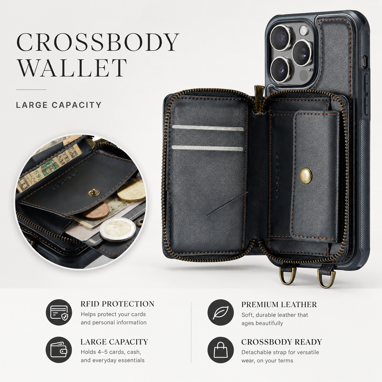 Premium iPhone Case MagSafe Compatible Crossbody Wallet Cover PU Leather Card Holder Stand Full Protection