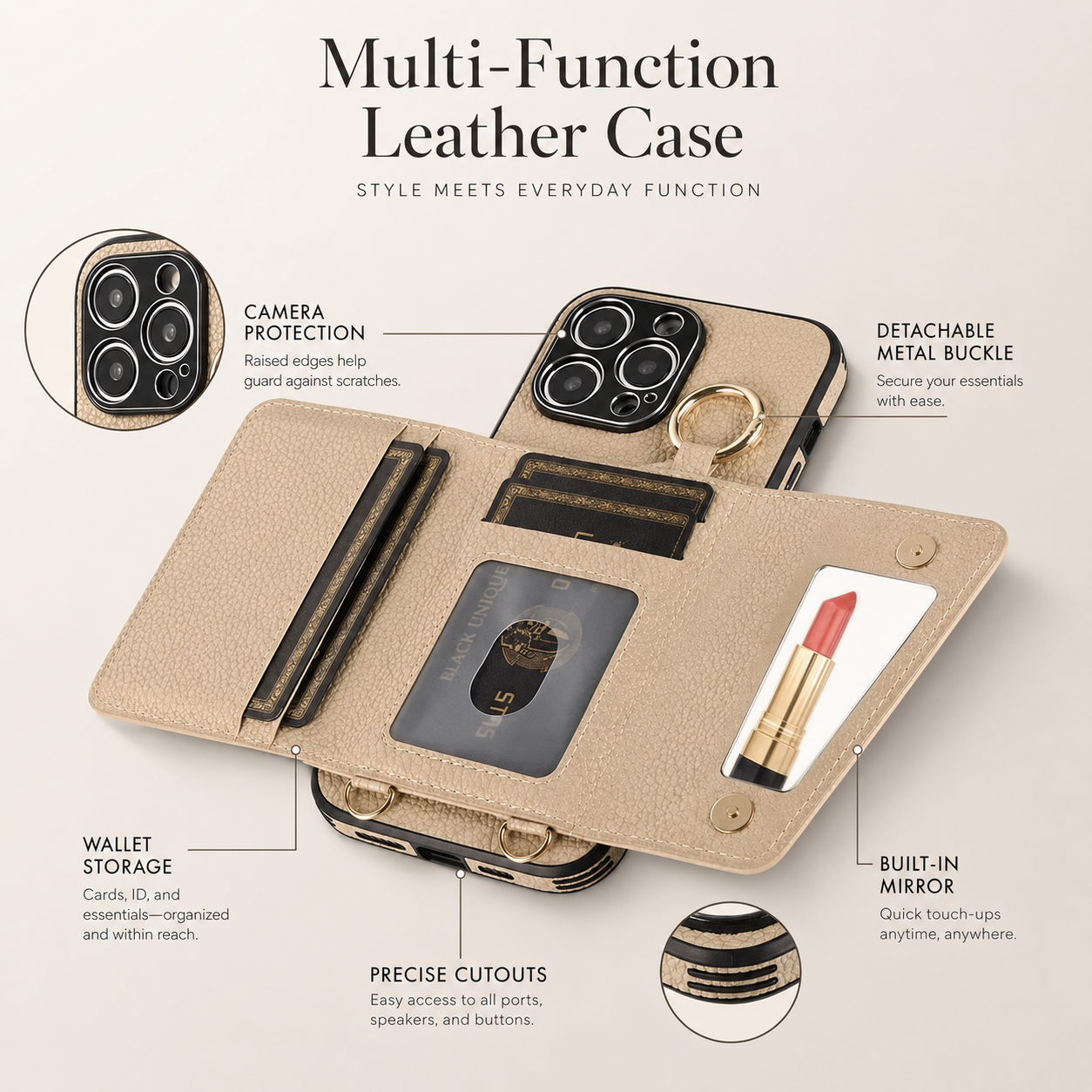 Premium iPhone Case MagSafe Compatible Crossbody Wallet Cover PU Leather Card Slots Ring Holder Full Protection