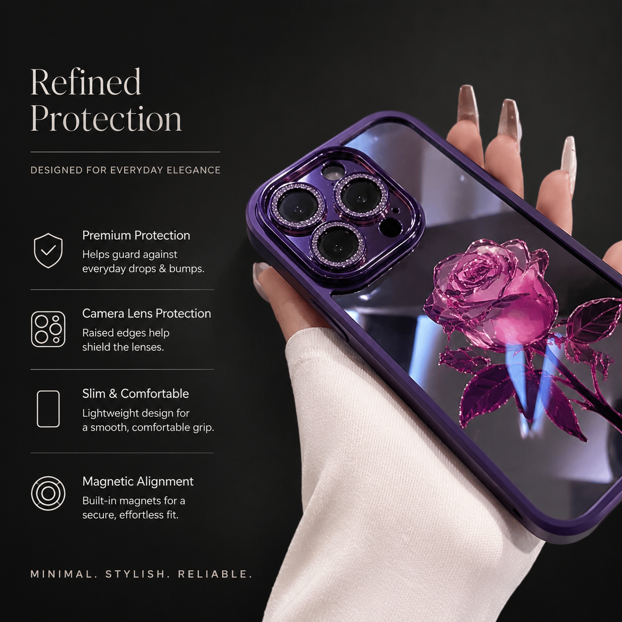 Premium iPhone Case MagSafe Compatible Crystal Rose Diamond Cover Shockproof Slim Protection
