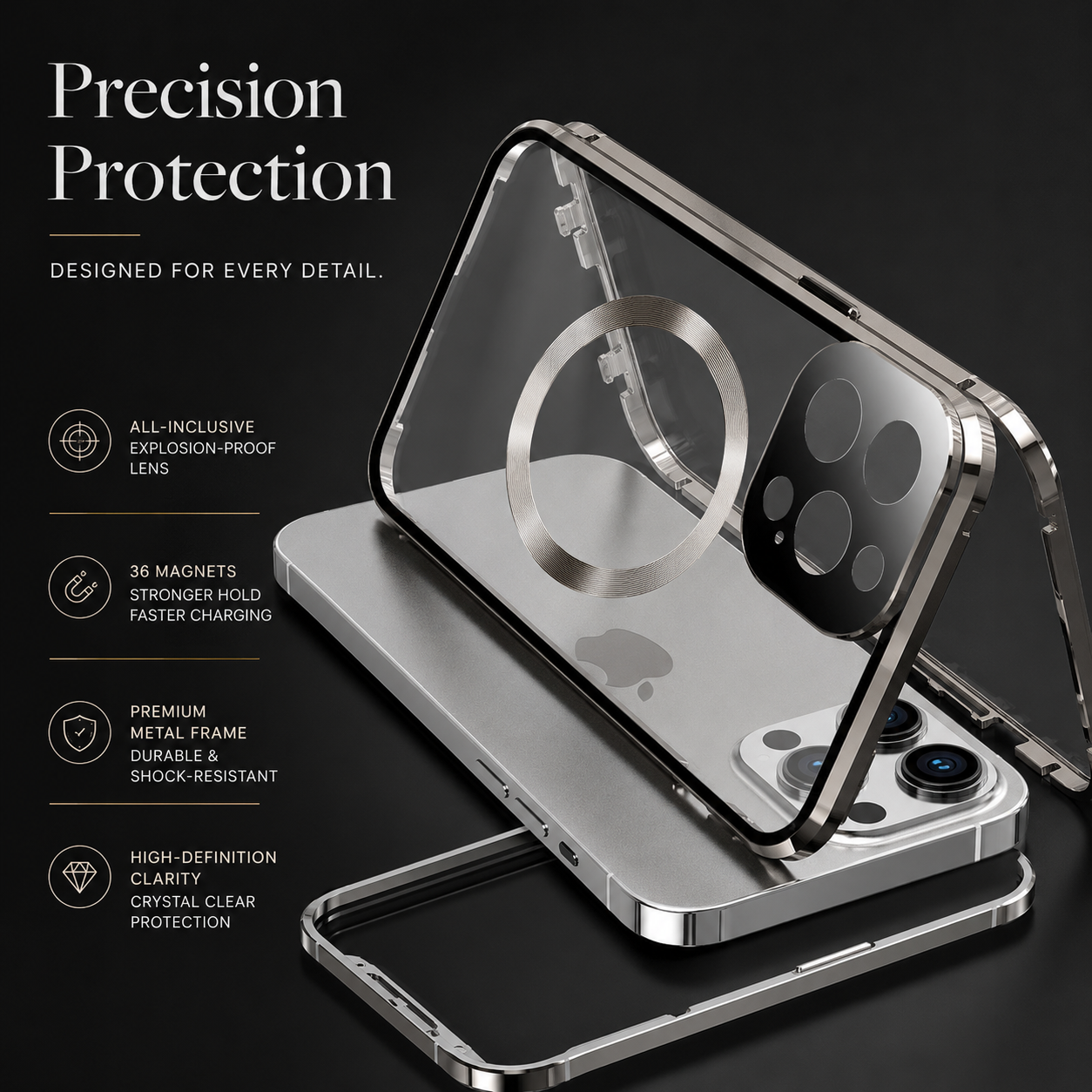 Premium iPhone Case MagSafe Compatible Double-Sided Glass Cover Metal Frame 360° Protection