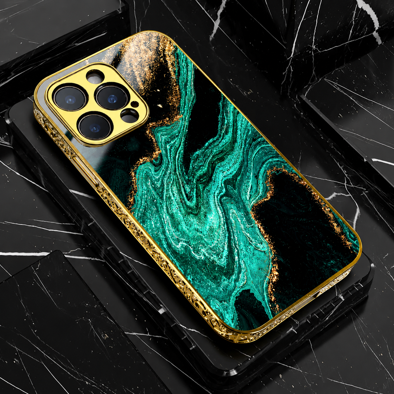 Premium iPhone Case MagSafe Compatible Marble Texture Cover Gold Frame Shockproof Protection