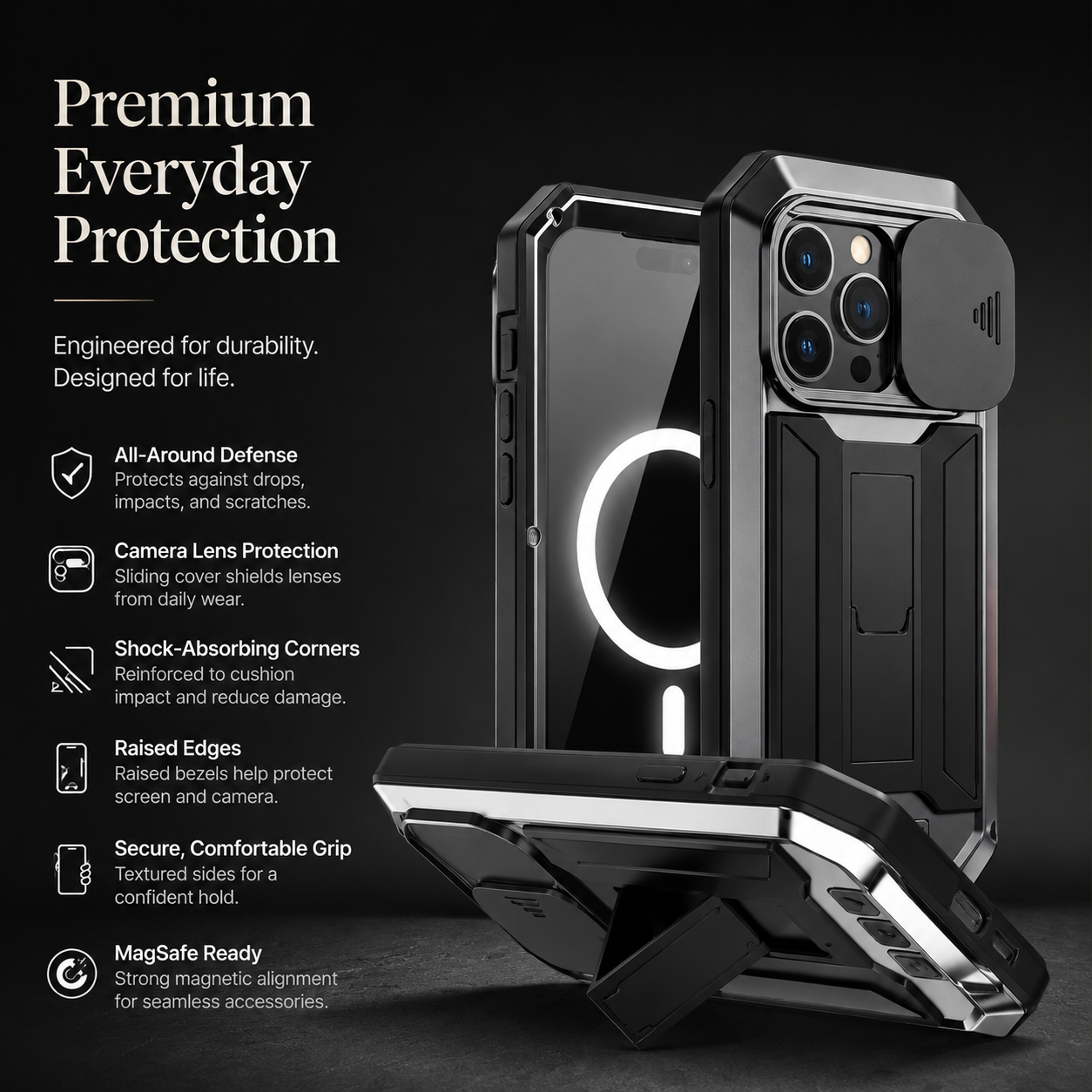 Premium iPhone Case MagSafe Compatible Military Heavy Duty Metal Armor Cover Full Body Protection