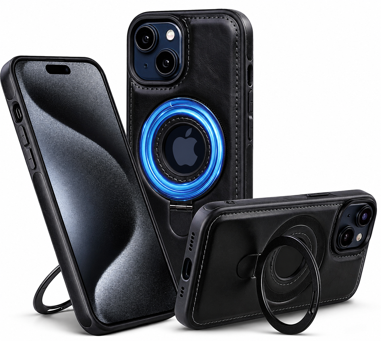 Premium iPhone Case MagSafe Compatible PU Leather Ring Stand Cover Shockproof Slim Protection