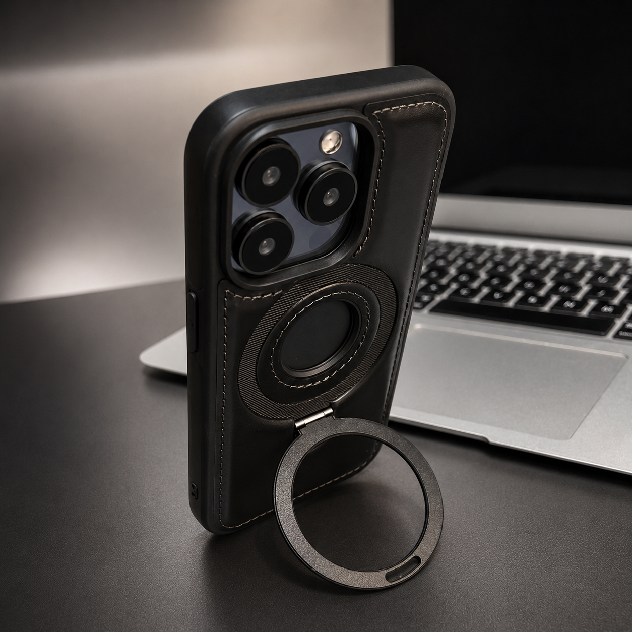 Premium iPhone Case MagSafe Compatible PU Leather Ring Stand Cover Shockproof Slim Protection