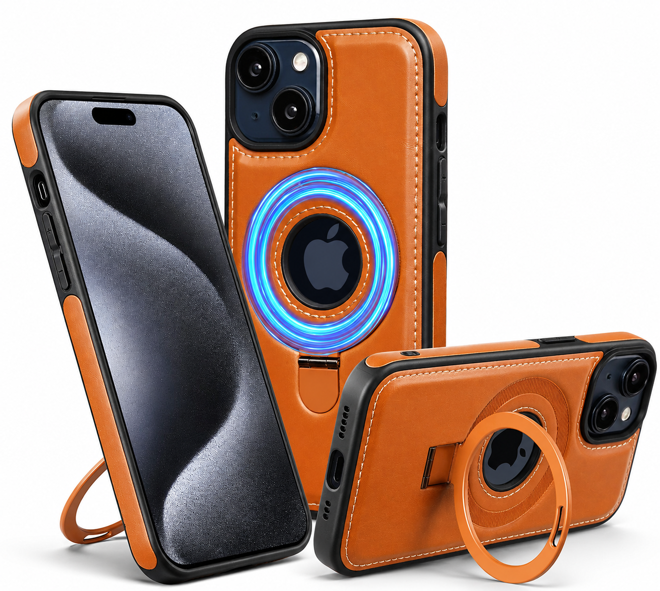 Premium iPhone Case MagSafe Compatible PU Leather Ring Stand Cover Shockproof Slim Protection