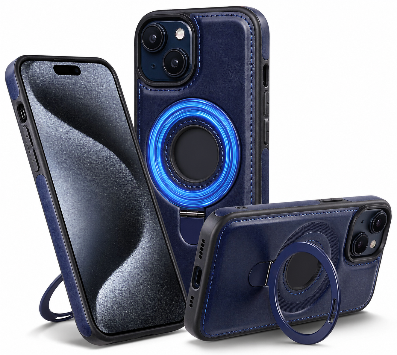 Premium iPhone Case MagSafe Compatible PU Leather Ring Stand Cover Shockproof Slim Protection