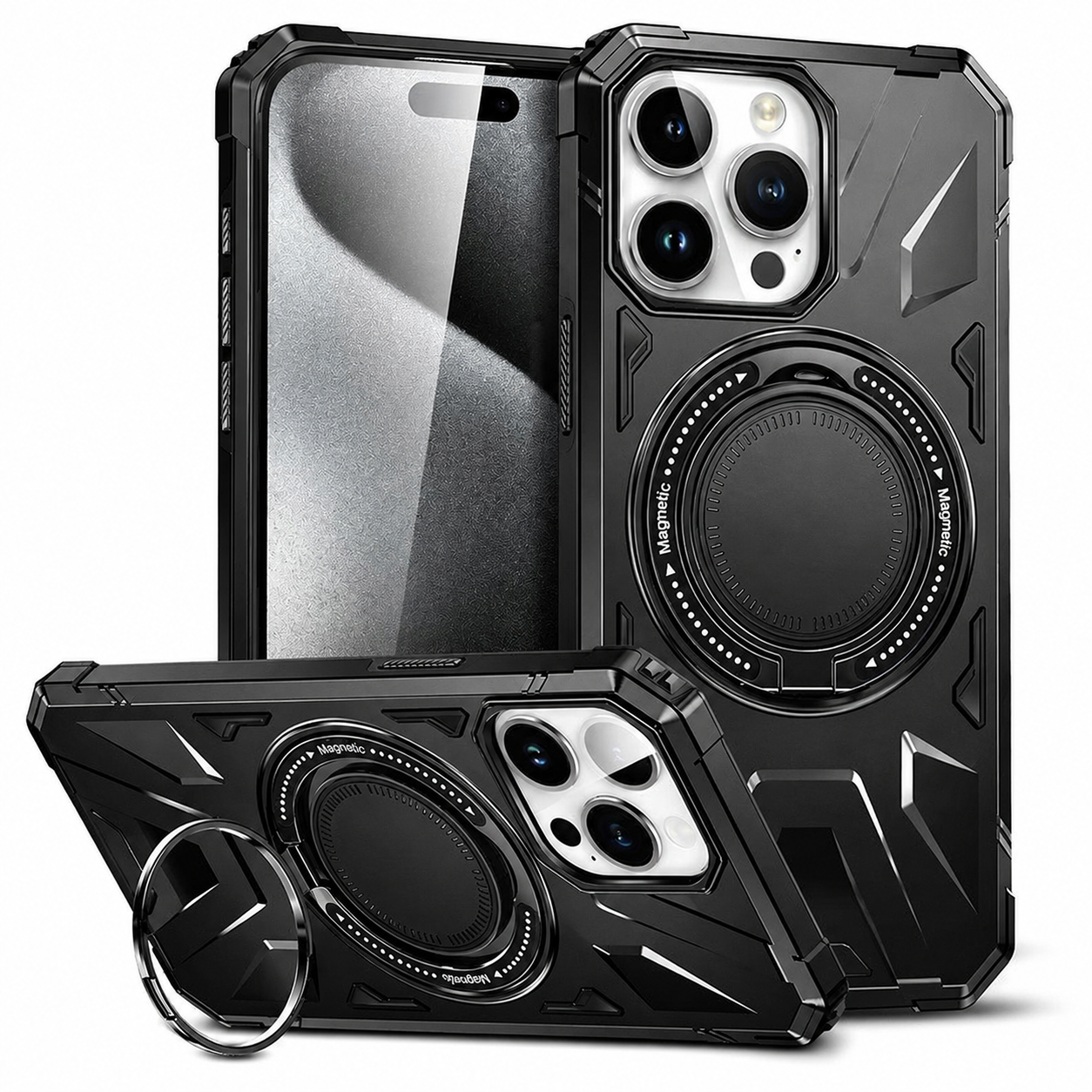 Premium iPhone Case MagSafe Compatible Rugged Armor Ring Stand Cover Shockproof Protection