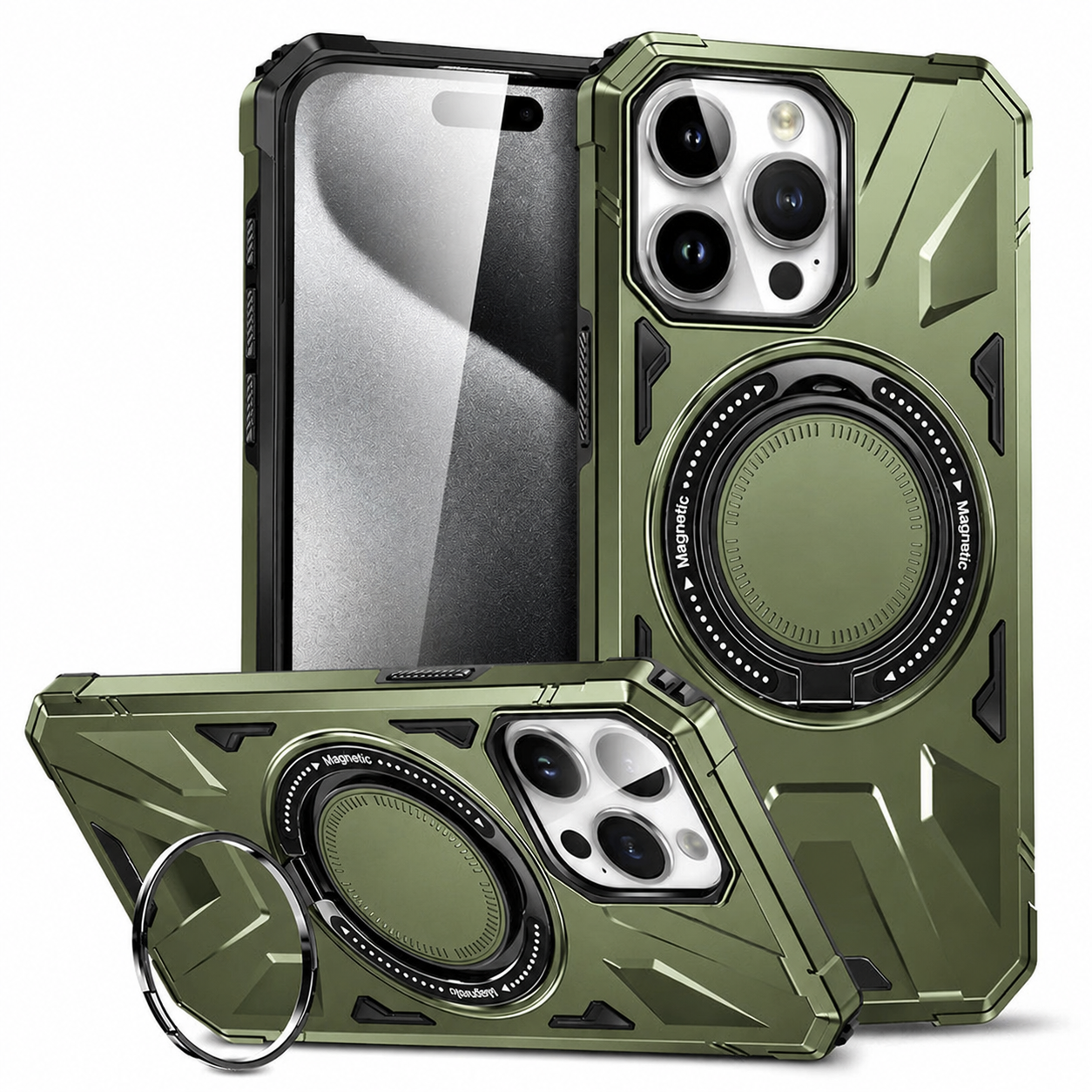 Premium iPhone Case MagSafe Compatible Rugged Armor Ring Stand Cover Shockproof Protection
